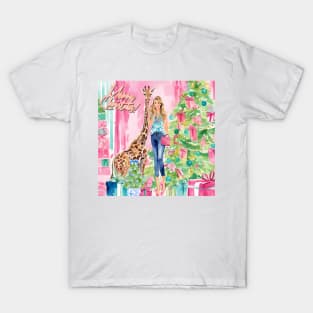 Preppy girl and giraffe decorating Christmas tree T-Shirt